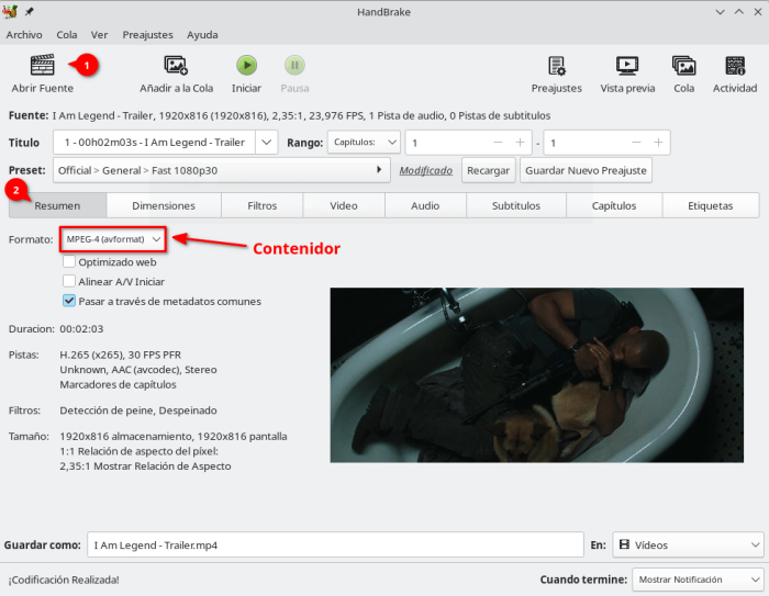 1r pas del procés de transcodificació d'un vídeo amb Handbrake