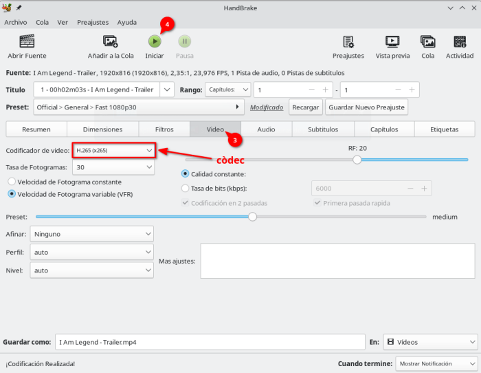 2n pas del procés de transcodificació d'un vídeo amb Handbrake