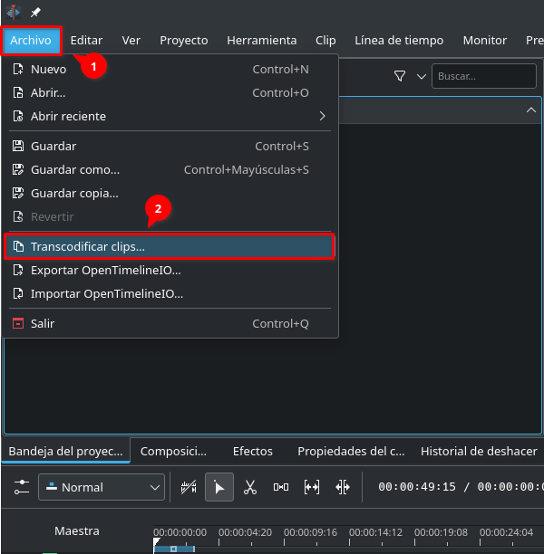 1r pas del procés de transcodificació d'un vídeo amb Kdenlive