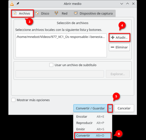 2n pas del procés de transcodificació d'un vídeo amb VLC