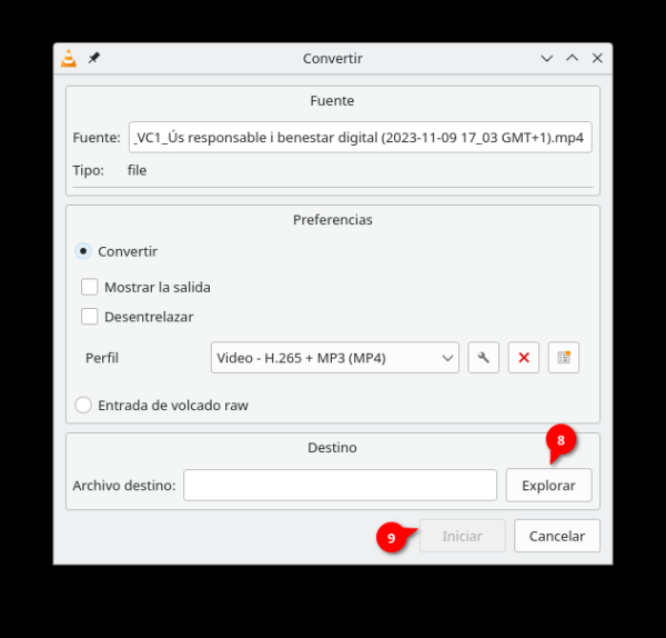 4t pas del procés de transcodificació d'un vídeo amb VLC
