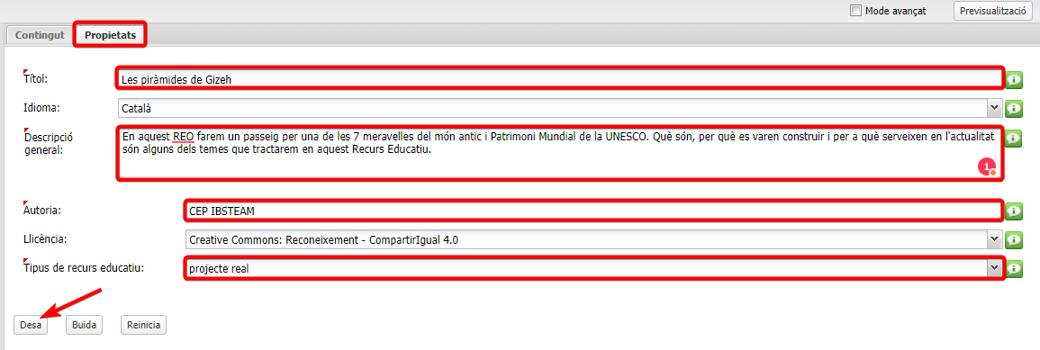 Emplenar propietats bàsiques del projecte