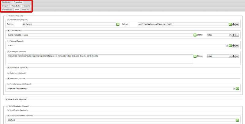 Captura d'exemple de l'estàndard LOM catalogació