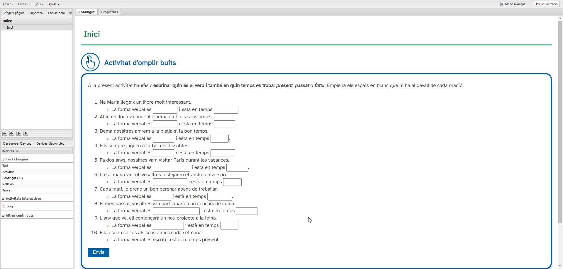 Edició d'activitat d'omplir buits