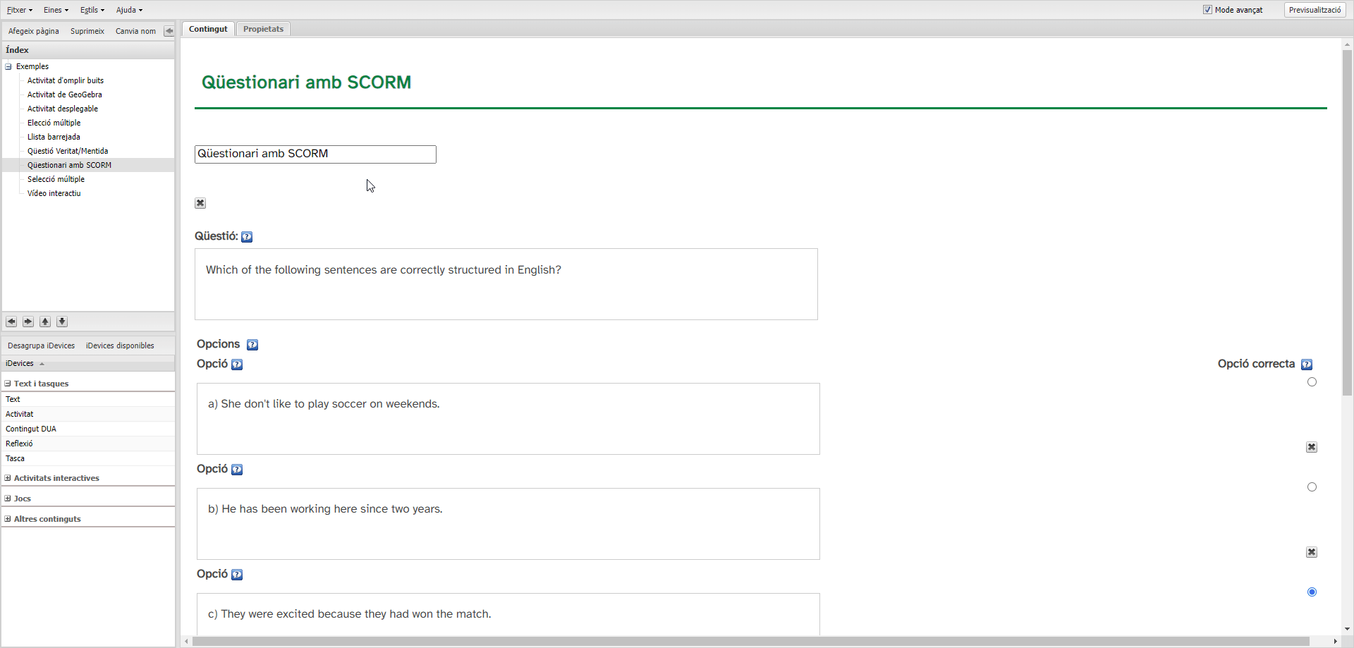 Exemple d'aplicació iDevice Qüestionari SCORM
