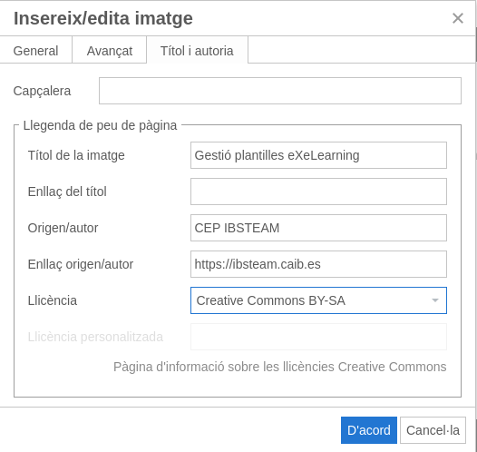 Opcions títol i autoria insereix/edita imatge