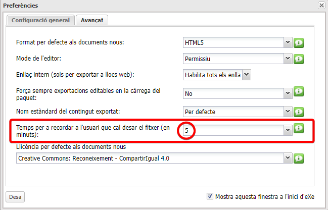 Finestra configuració temps avís guardat