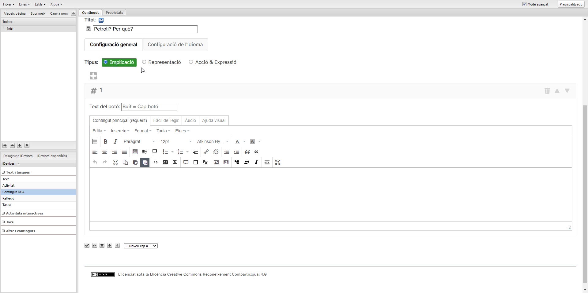 Selecció del tipus de contingut DUA