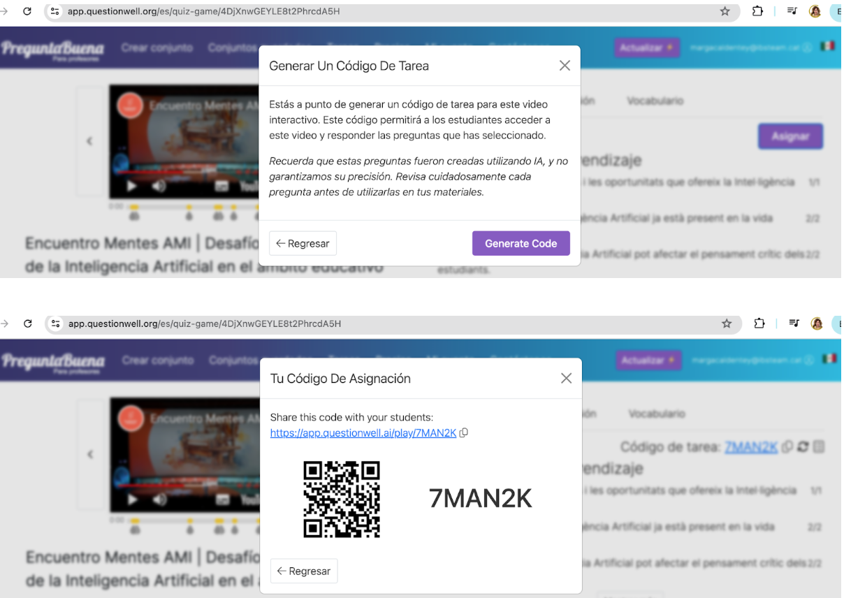 Generació del codi per compartir el vídeo interactiu amb l'alumnat