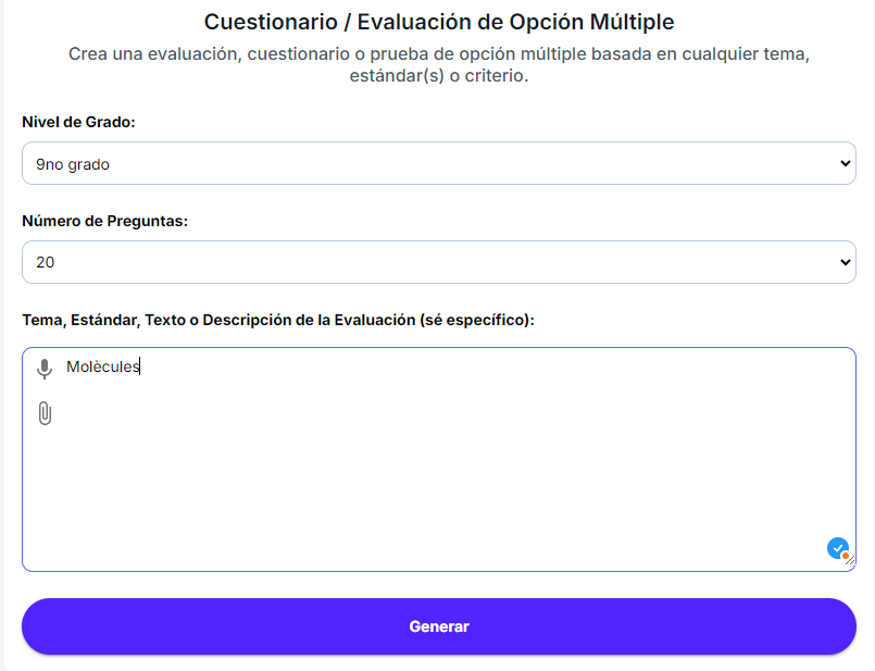 Camps a emplenar per crear un qüestionari amb Magic School
