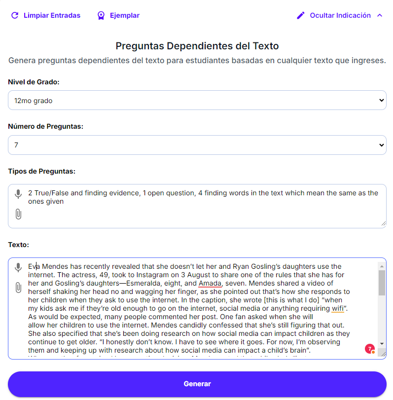 Camps a emplenar per generar preguntes sobre un text
