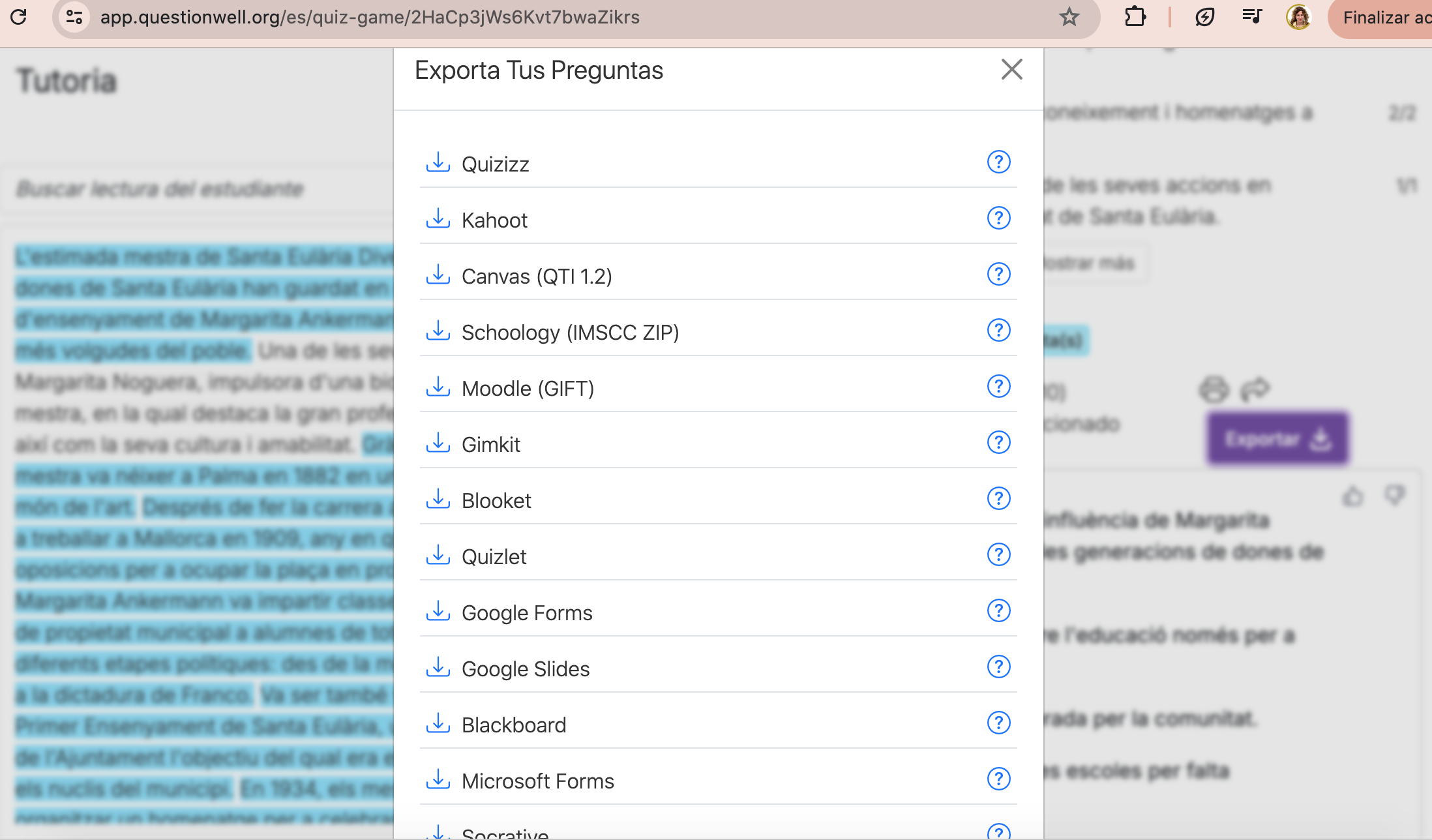 Opcions d'exportació del qüestionari de QuestionWell