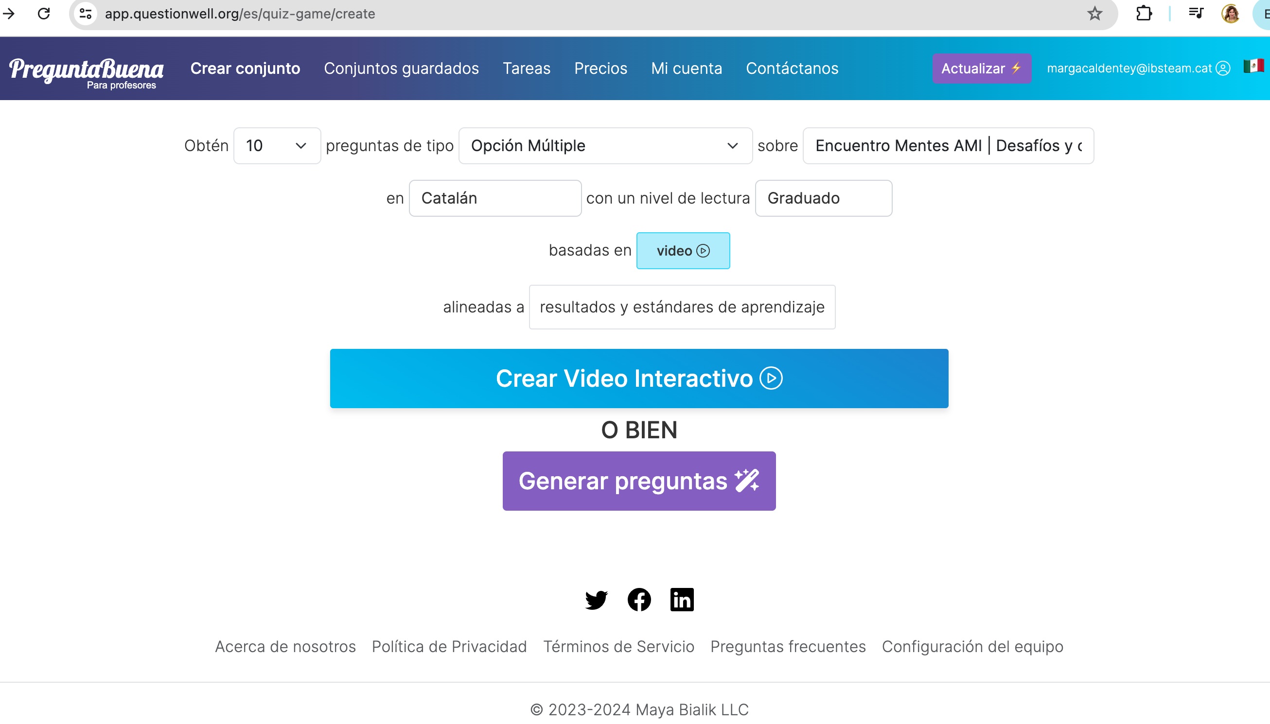 Camps a emplenar per generar un vídeo interactiu amb QuestionWell