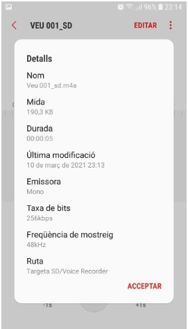Detalls del fitxer de veu enregistrada