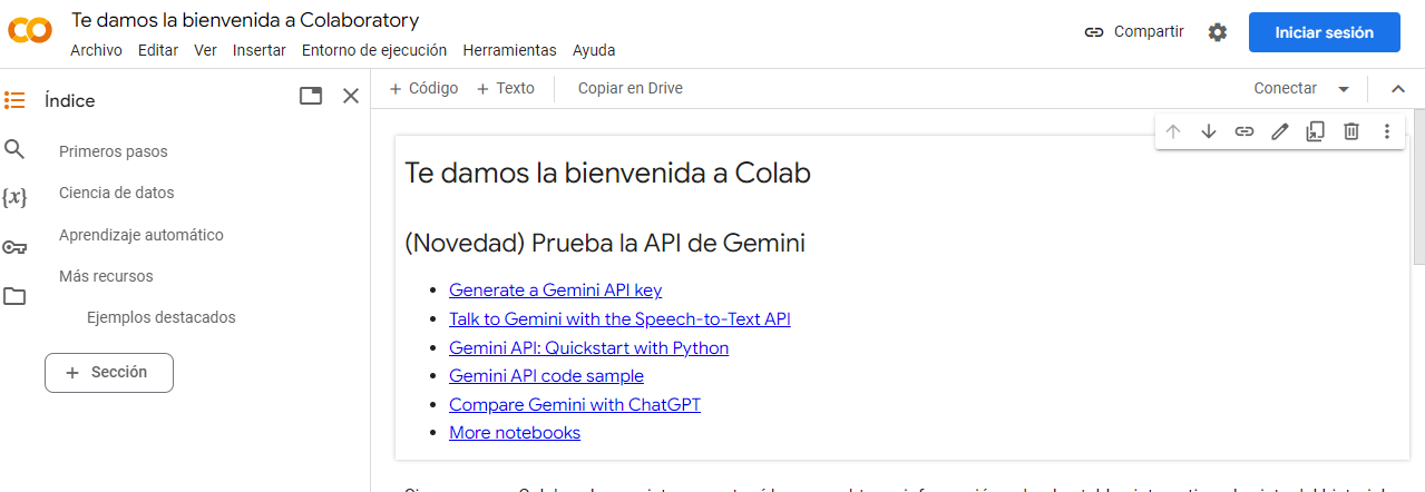 Plana principal Colab Google