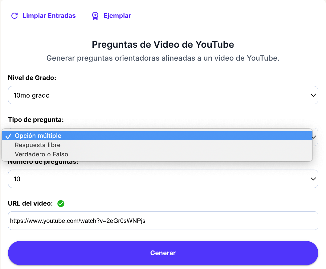 Camps a emplenar per crear preguntes sobre un vídeo amb Magic School