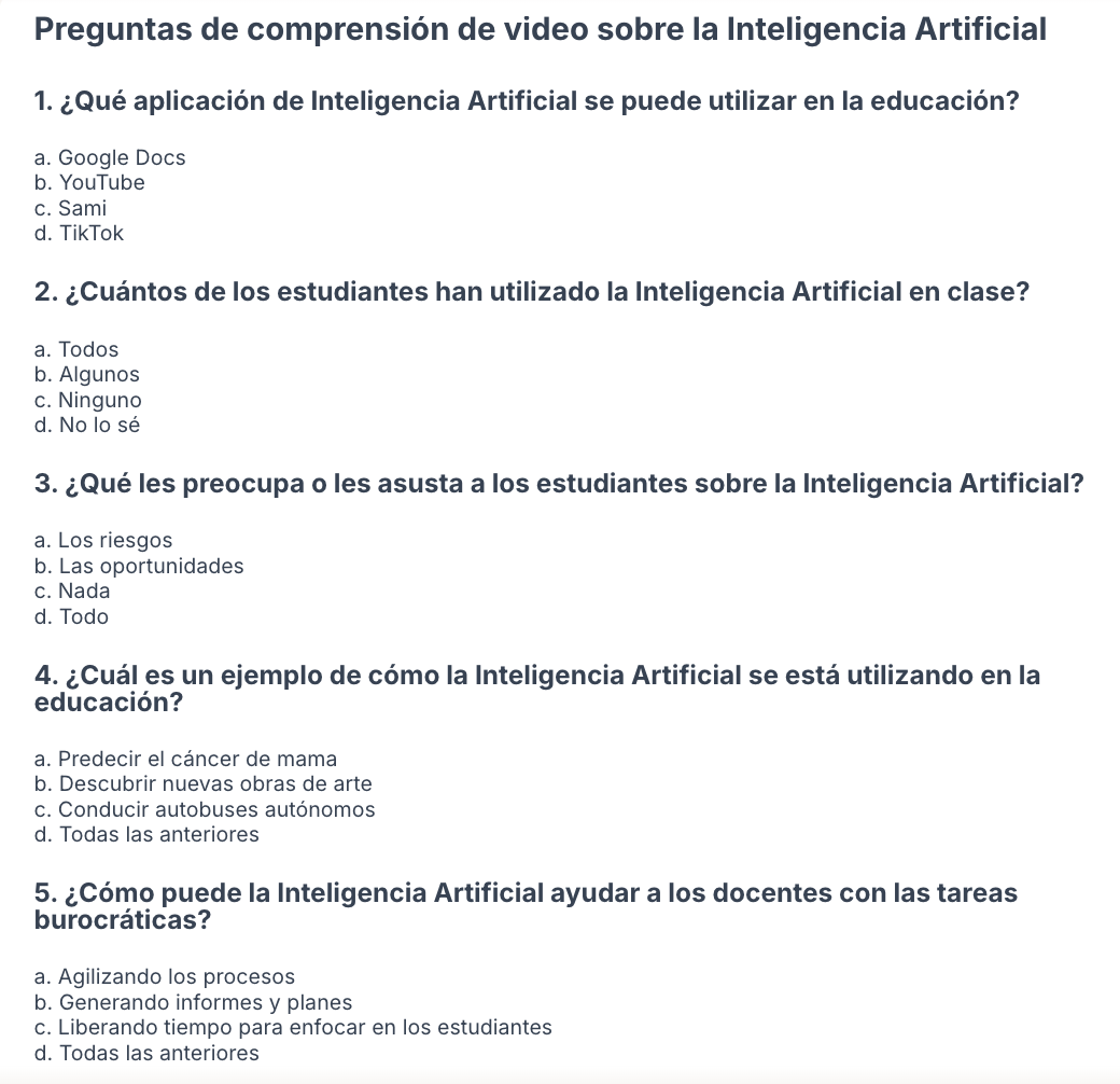 Exemple de qüestionari sobre un vídeo generat amb Magic School