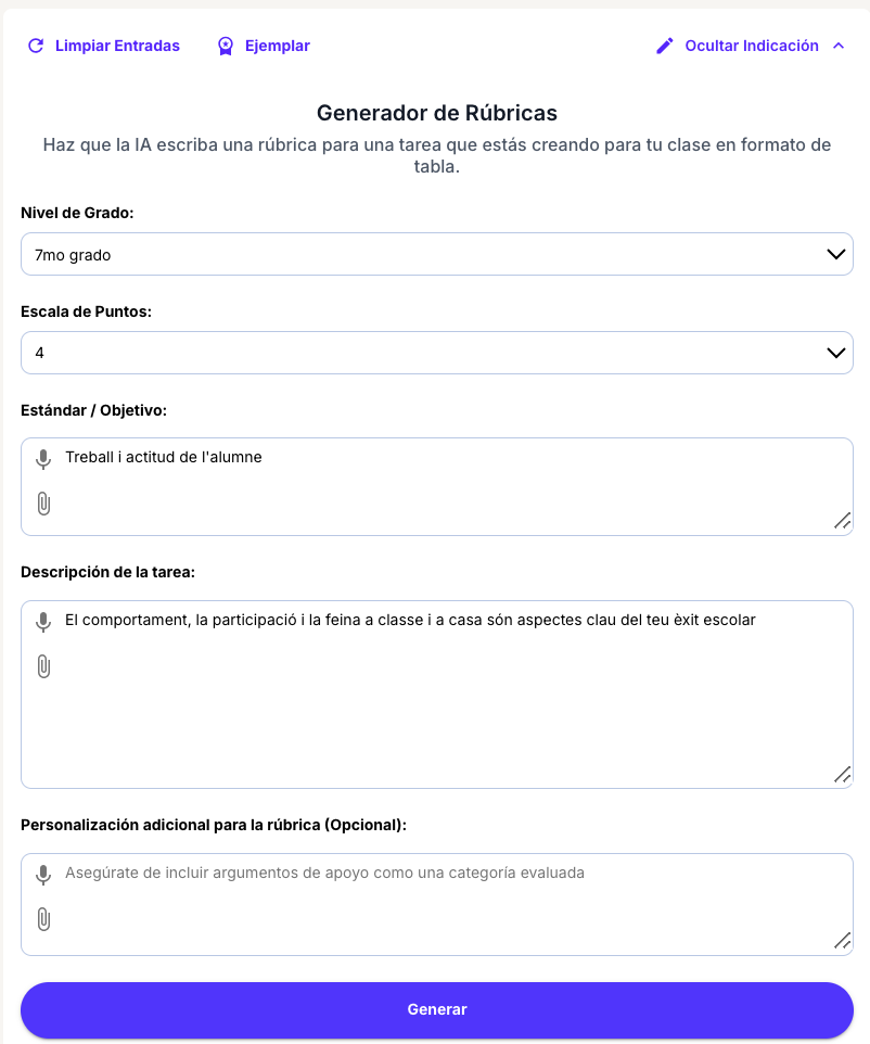 Camps que hem d'emplenar per crear una rúbrica amb Magic School