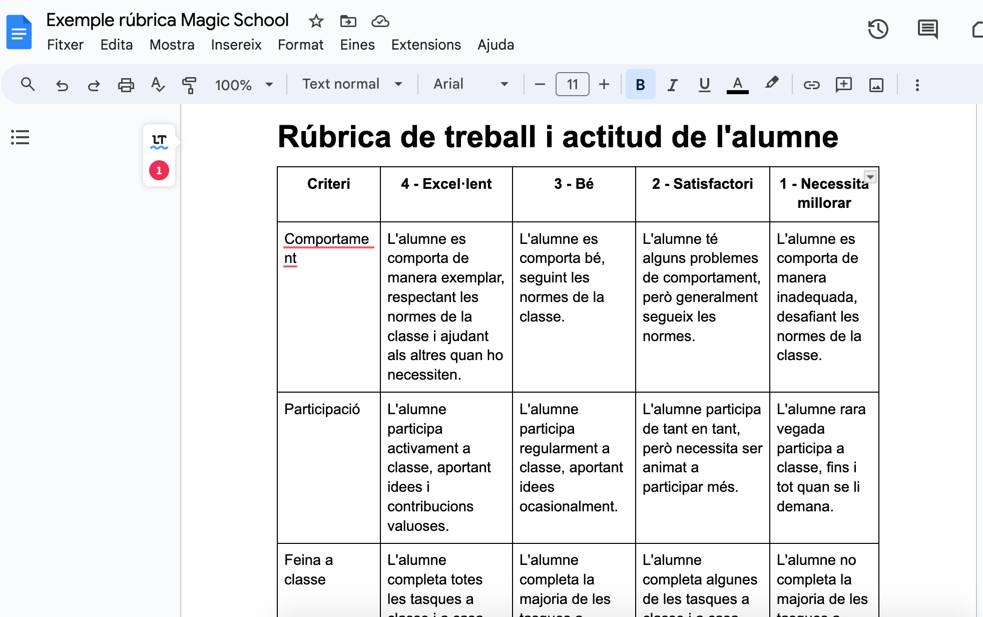Rúbrica creada amb Magic School aferrada a un document de text