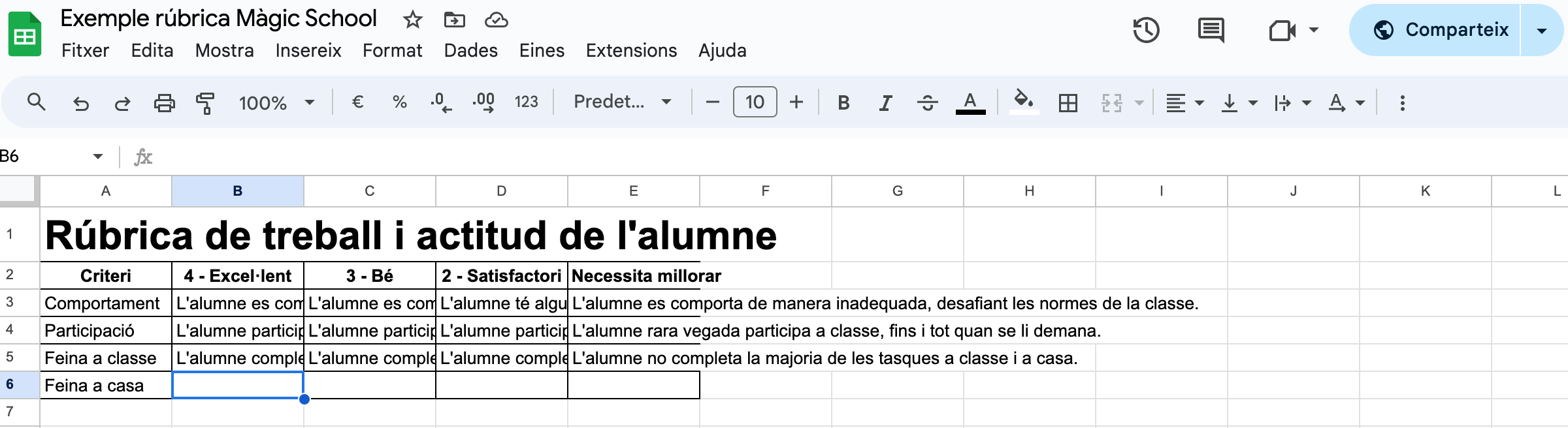 Rúbrica creada amb Magic School aferrada a un full de cálcul