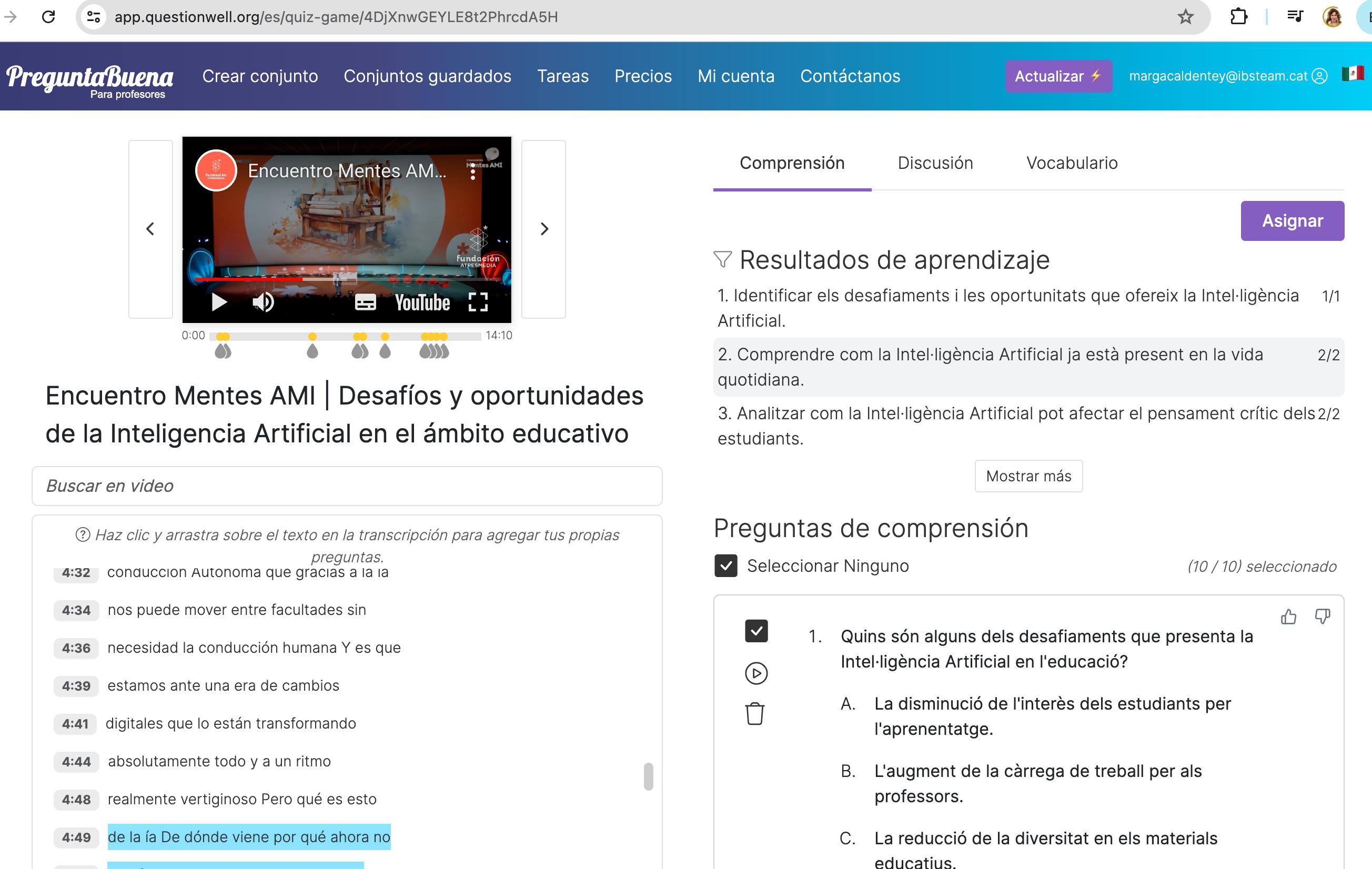 Preguntes sobre el vídeo i altres materials relacionats generats amb QuestionWell